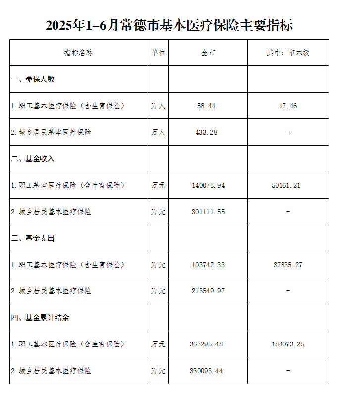 2025年1-6月常德市基本医疗保险主要指标